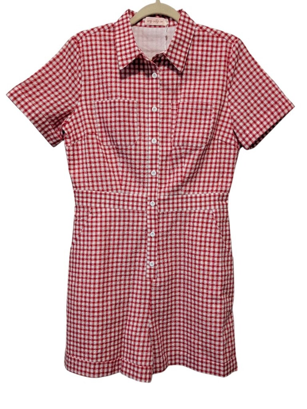 Ivy City Co Womens NWT Sz S Natalia Red White Gingham Plaid Pocket Cotton Romper